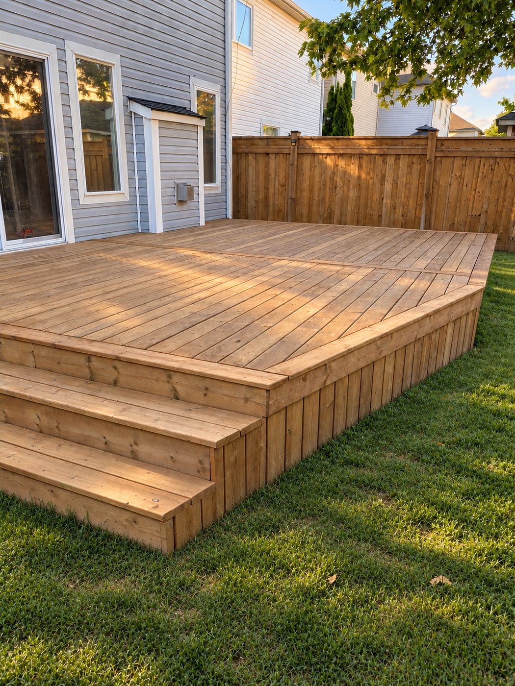 Finished wood deck with an angled corner and built-in steps down to the lawn, behind a house with grey siding