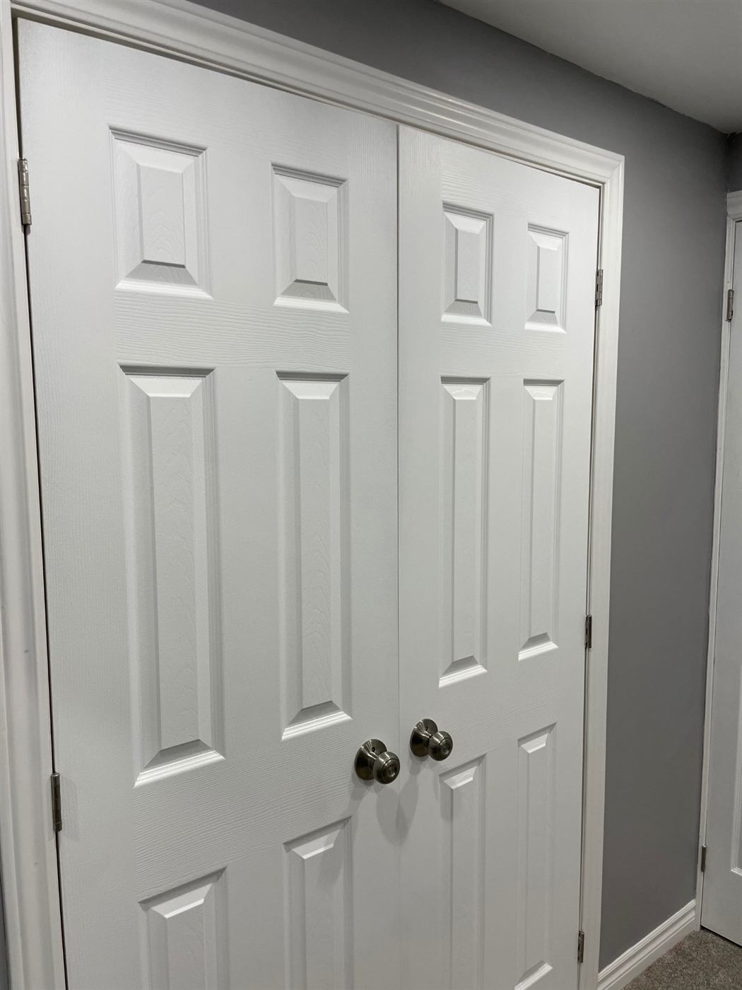 White six-panel double closet doors with trim, set into a grey painted wall