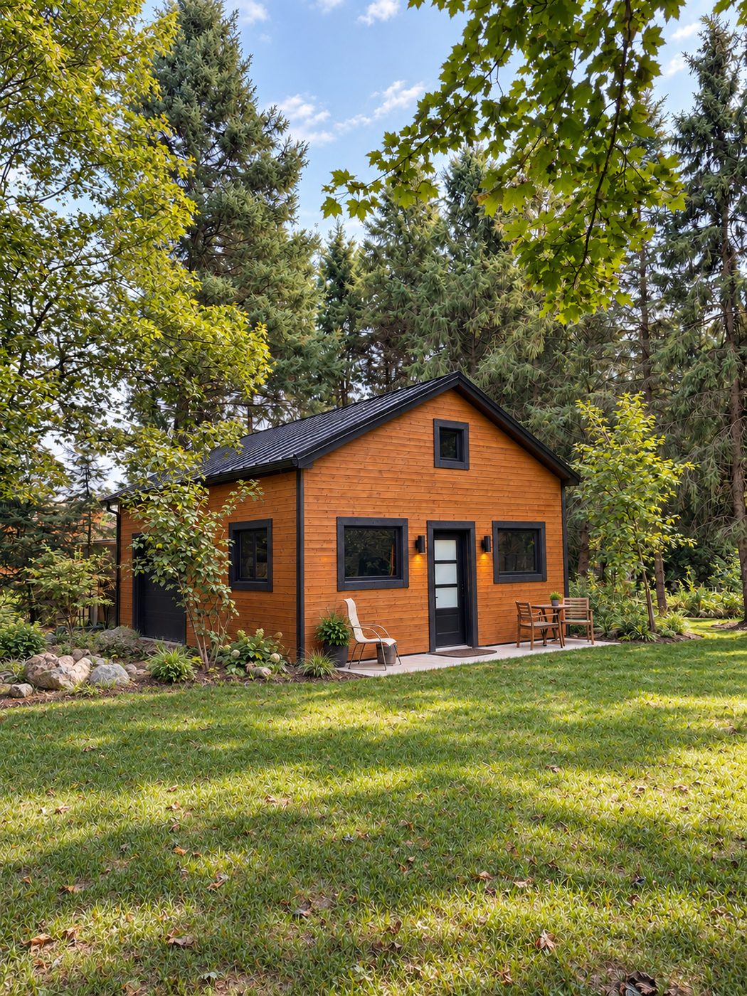 Finished detached workshop with wood siding, a black metal roof and black-trimmed windows and door, set among tall trees